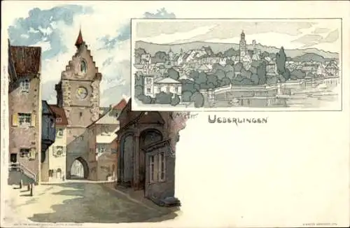 Künstler Litho Mutter, K., Überlingen am Bodensee, Uhrenturm und Tor, Straße, Gesamtansicht