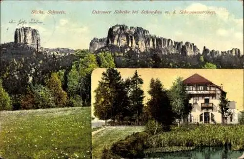 Ak Scheibe Bad Schandau an der Elbe, Ostrauer Scheibe mit den Schrammsteinen