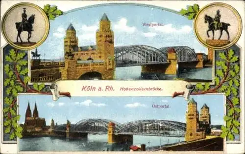 Ak Köln am Rhein, Hohenzollernbrücke, Westportal, Ostportal, Reiter