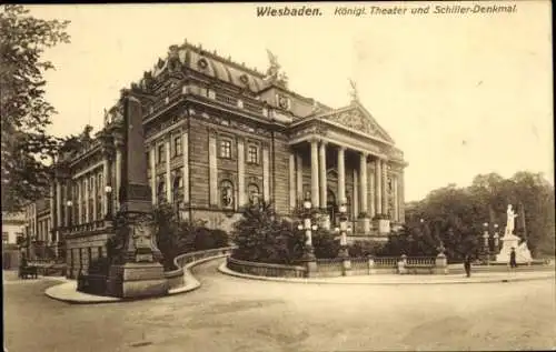 Ak Wiesbaden in Hessen, königliches Theater, Schiller-Denkmal