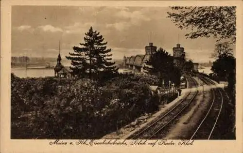 Ak Mainz am Rhein, Eisenbahnbrücke, Blick auf Ruder-Club