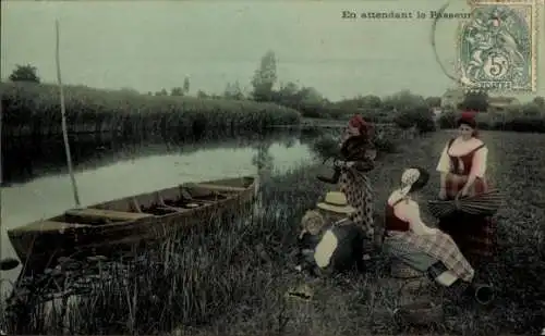 Ak Frankreich, Menschen am Flussufer, Ruderboot