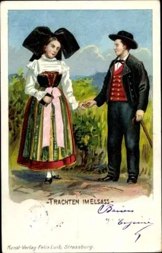 Litho Mann und Frau in Elsässer Volkstrachten