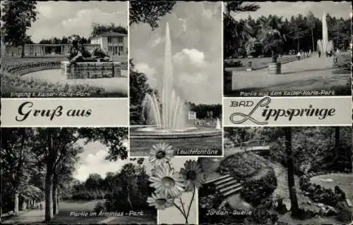 Ak Bad Lippspringe in Westfalen, Eingang zum Kaiser-Karls-Park, Kaiser-Karls-Park, Fontäne, Quelle