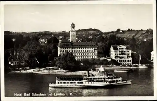 Ak Bad Schachen Lindau in Bodensee Schwaben, Salondampfer Stadt Überlingen, Fliegeraufnahme