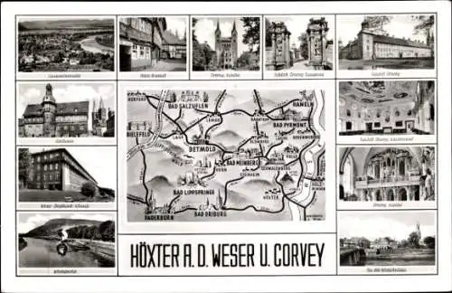 Ak Höxter in Nordrhein Westfalen, Corvey, Karte, Rathaus, Kirchen, Weser