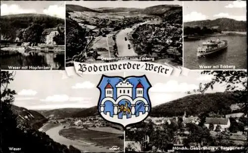 Ak Bodenwerder an der Weser, Gesamtansicht, Wappen, Münchhausen Geburtshaus, Hopfenberg