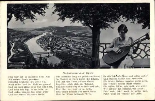 Ak Bodenwerder an der Weser, Weserlied, Mädchen mit Laute, Panorama