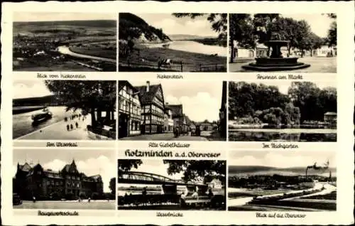 Ak Holzminden an der Weser, Brunnen am Markt, Teichgarten, Alte Giebelhäuser, Baugewerkschule