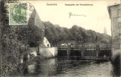 Ak Osnabrück in Niedersachsen, Hasebrücke, Pernickelturm