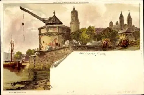 Künstler Litho Biese, C., Andernach am Rhein, Hebekran am Wasser, Novitas