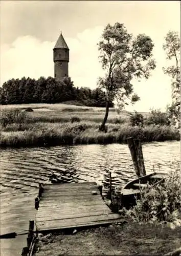 Ak Lübz in Mecklenburg, Wasserturm, Steg, Ruderboot