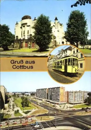 Ak Cottbus in der Niederlausitz, Theater, Historische Straßenbahn, Stadtring