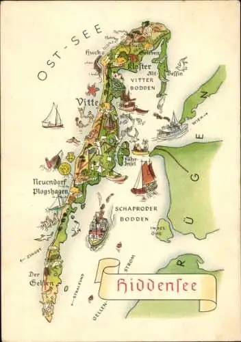 Landkarten Ak Insel Hiddensee Ostsee, Vitte, Neuendorf, Plogshagen, Neuendorf, Bodden, Kloster