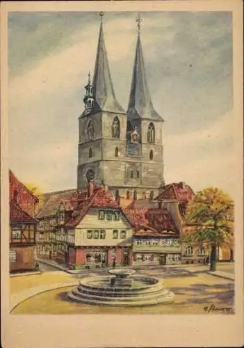 Künstler Ak Quedlinburg im Harz, Mathildenbrunnen, Nikolaikirche