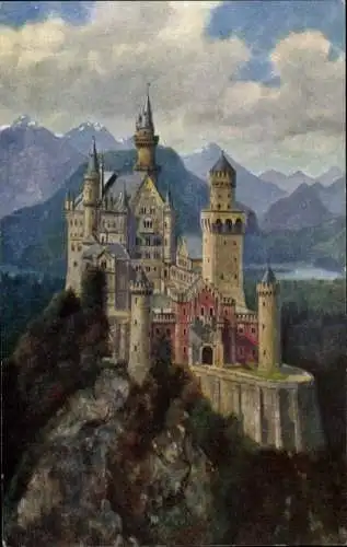 Künstler Ak Hoffmann, H., Hohenschwangau Schwangau, Schloss Neuschwanstein, Schwansee, Alpsee