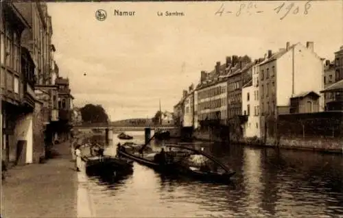 Ak Namur Wallonien Belgien, La Sambre, Flusspartie, Boote, Häuser, Straße