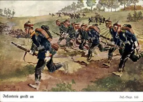 Künstler Ak Döbrich Steglitz, Infanterie Regiment 166, Angriff