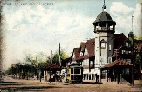 Ak Brookline Massachusetts USA, Coolidge Corner, Straßenbahn