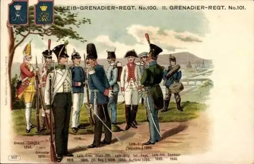 Litho 1. Leib Grenadier Regiment No. 100, II. Grenadier Regiment No. 101, Uniformen