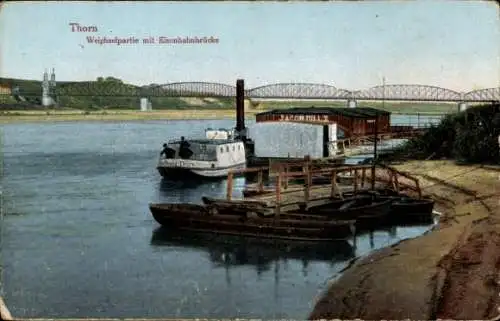 Ak Toruń Thorn Westpreußen, Weichsel, Dampfer Hoffnung, Eisenbahnbrücke, Anlegestelle