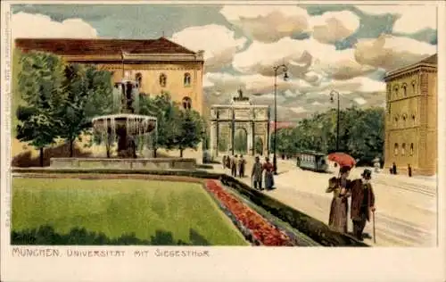 Künstler Litho Hey, Paul, München Bayern, Universität mit Siegestor