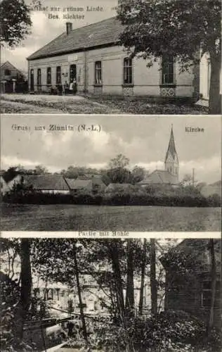 Ak Zinnitz Calau in der Niederlausitz, Gasthof zur grünen Linde, Kirche, Mühle