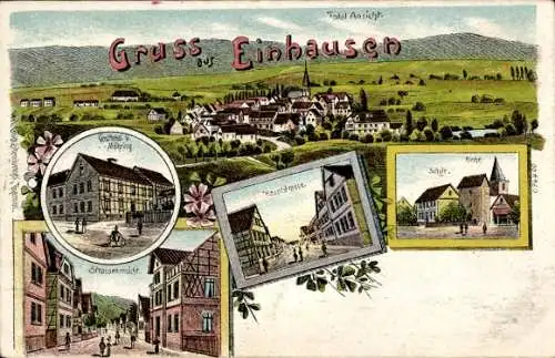 Litho Einhausen in Thüringen, Gesamtansicht, Gasthaus, Straßenpartie, Hauptstraße, Schule, Kirche