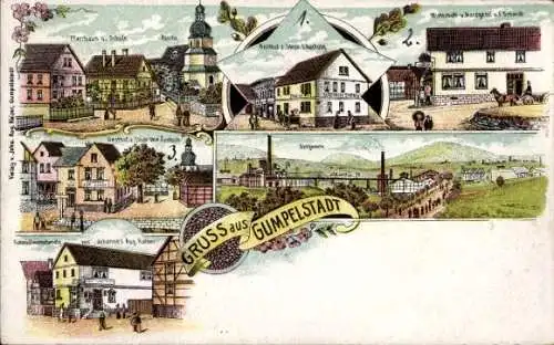 Litho Gumpelstadt Bad Salzungen in Thüringen, Pfarrhaus, Schule, Gasthof, Wirtshaus, Bergwerk