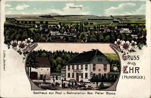 Litho Ehr Halsenbach im Hunsrück, Gesamtansicht, Gasthaus zur Post, Bahnstation