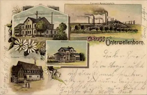 Litho Unterwellenborn in Thüringen, Gasthaus Erbprinz, Bahnhof, Eisenwerk Maximilianshütte