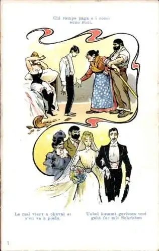 Jugendstil Litho Eltern haben Tochter mit Liebhaber erwischt, Hochzeit