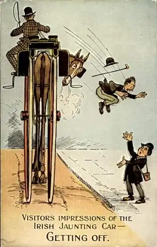 Künstler Ak Visitors impressions of the Irish Jaunting Car, getting off