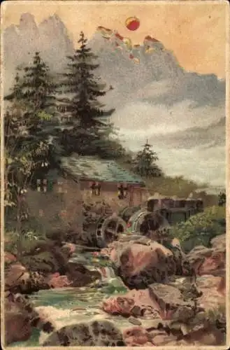 Litho Landschaft mit Wassermühle