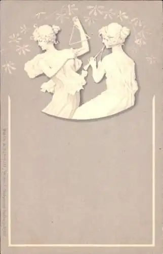 Jugendstil Litho Frauen mit Doppelflöte und Triangel