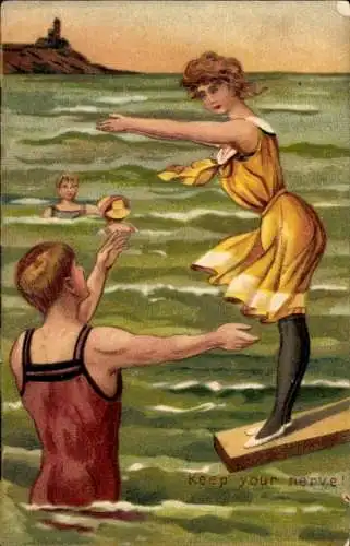 Präge Litho Dame im Badekleid beim Schwimmunterricht