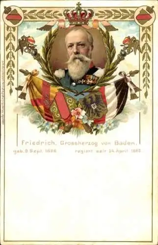 Litho Friedrich I. Großherzog von Baden, Portrait, Wappen