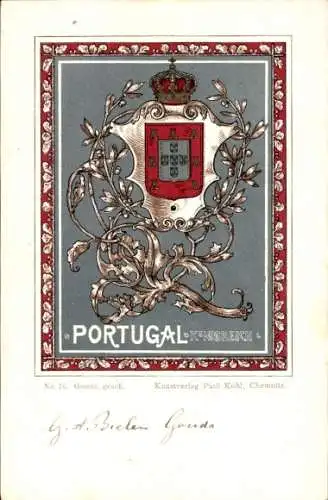 Wappen Litho Königreich Portugal, Paul Kohl Chemnitz No. 16