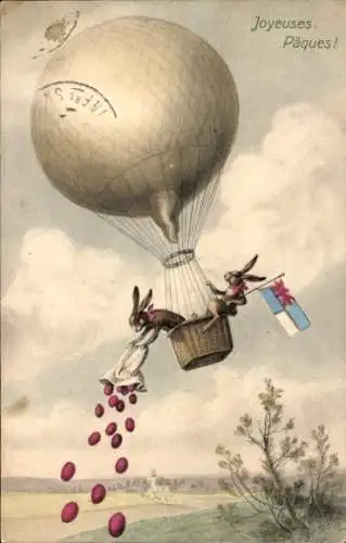 Ak Glückwunsch Ostern, Hasen im Heißluftballon, Eier