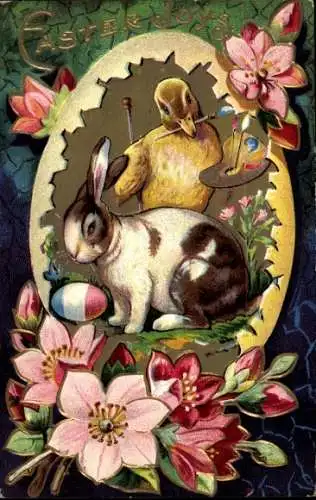 Präge Litho Glückwunsch Ostern, Hase, Küken als Maler, Ei