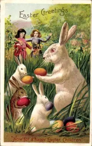 Präge Litho Glückwunsch Ostern, Hasen verstecken Ostereier