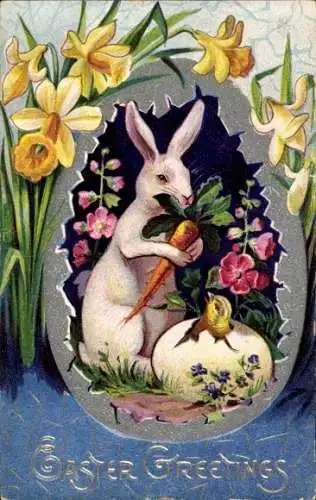 Präge Litho Glückwunsch Ostern, Hase mit Möhre, Küken im Ei, Narzissen