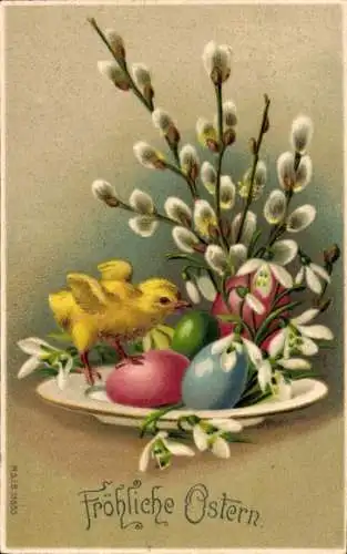 Präge Ak Glückwunsch Ostern, Küken, Ostereier, Weidenkätzchen