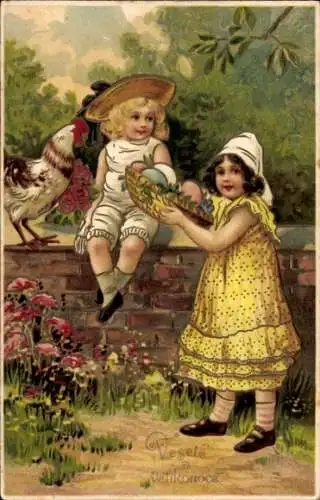 Präge Litho Glückwunsch Ostern, Kinder mit Eiern, Hahn