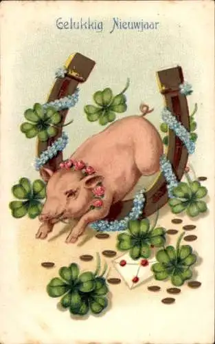 Präge Ak Glückwunsch Neujahr, Schwein, Hufeisen, Klee, Münzen