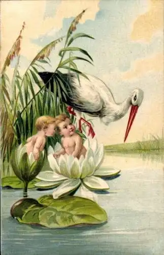 Präge Litho Storch, Babys in Seerosenblüten