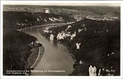 Ak Kelheim an der Donau Niederbayern, Kloster Weltenburg, Fliegeraufnahme, Befreiungshalle