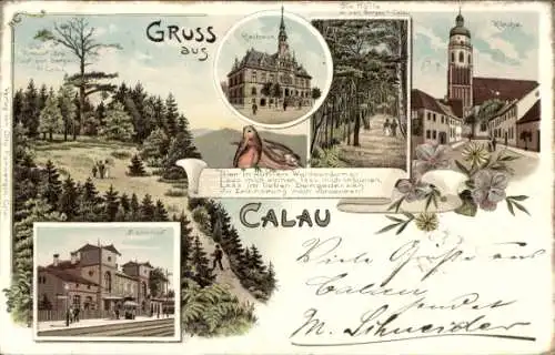 Litho Calau in Brandenburg, Rathaus, Bahnhof, Kirche, Wald