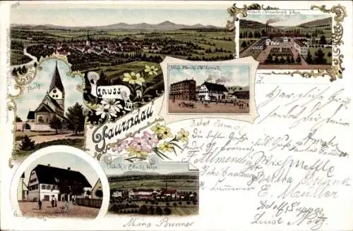 Litho Faurndau Göppingen in Baden Württemberg, Panorama, Kirche, Fabrik, Gasthaus z. Adler