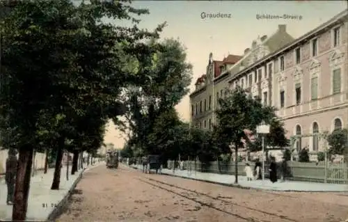 Ak Grudziądz Graudenz Westpreußen, Schützenstraße, Straßenbahn